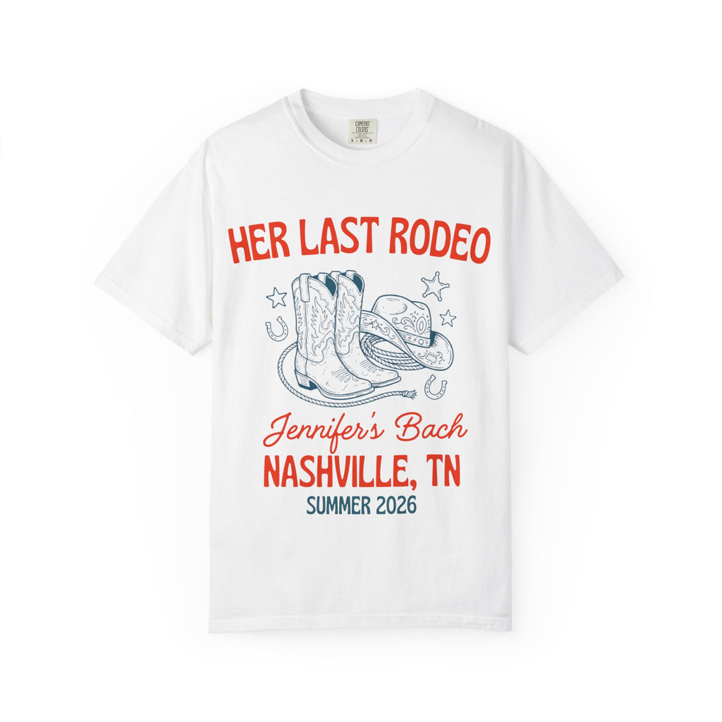 White t-shirt with "HER LAST RODEO" text, cowboy boots, and hat.