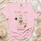 Pink t-shirt with ghost bride, text "Til Death Do Us Party Forever", "Engaged to the Boo".