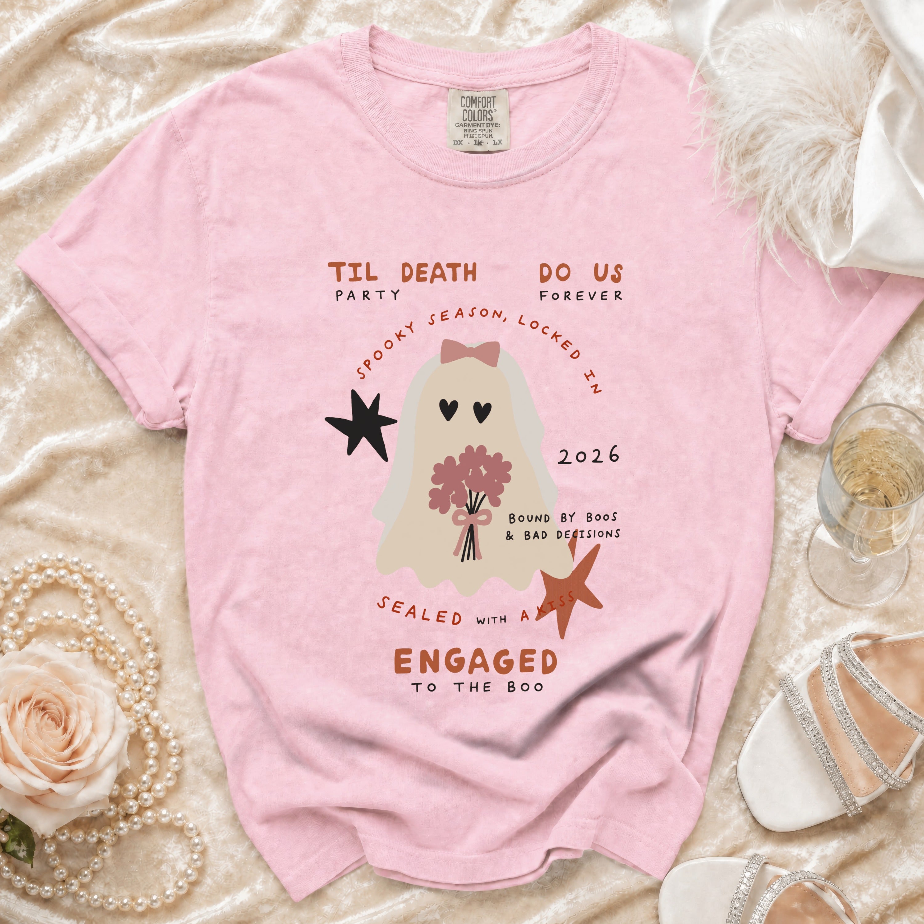 Pink t-shirt with ghost bride, text "Til Death Do Us Party Forever", "Engaged to the Boo".