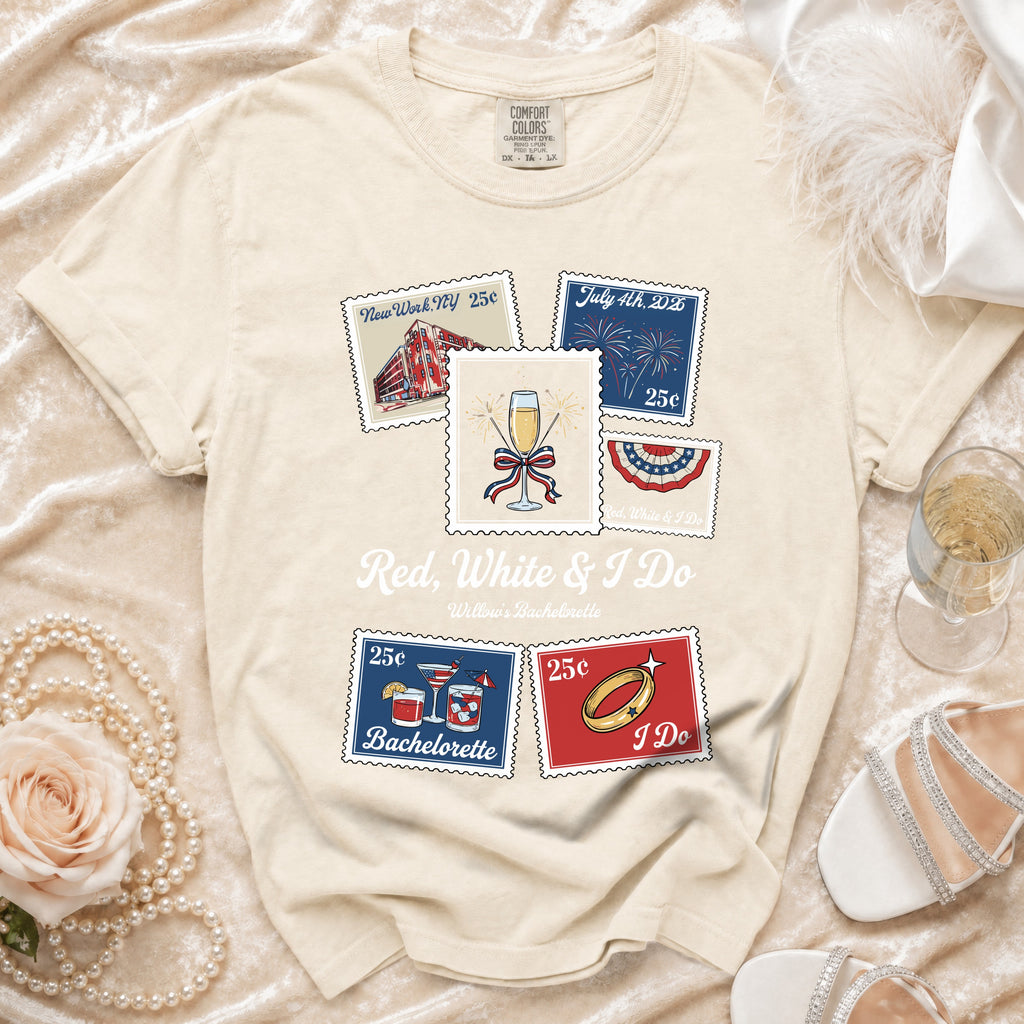 T-shirt with Red, White & I Do Bachelorette postage stamp designs.