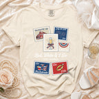 T-shirt with Red, White & I Do Bachelorette postage stamp designs.