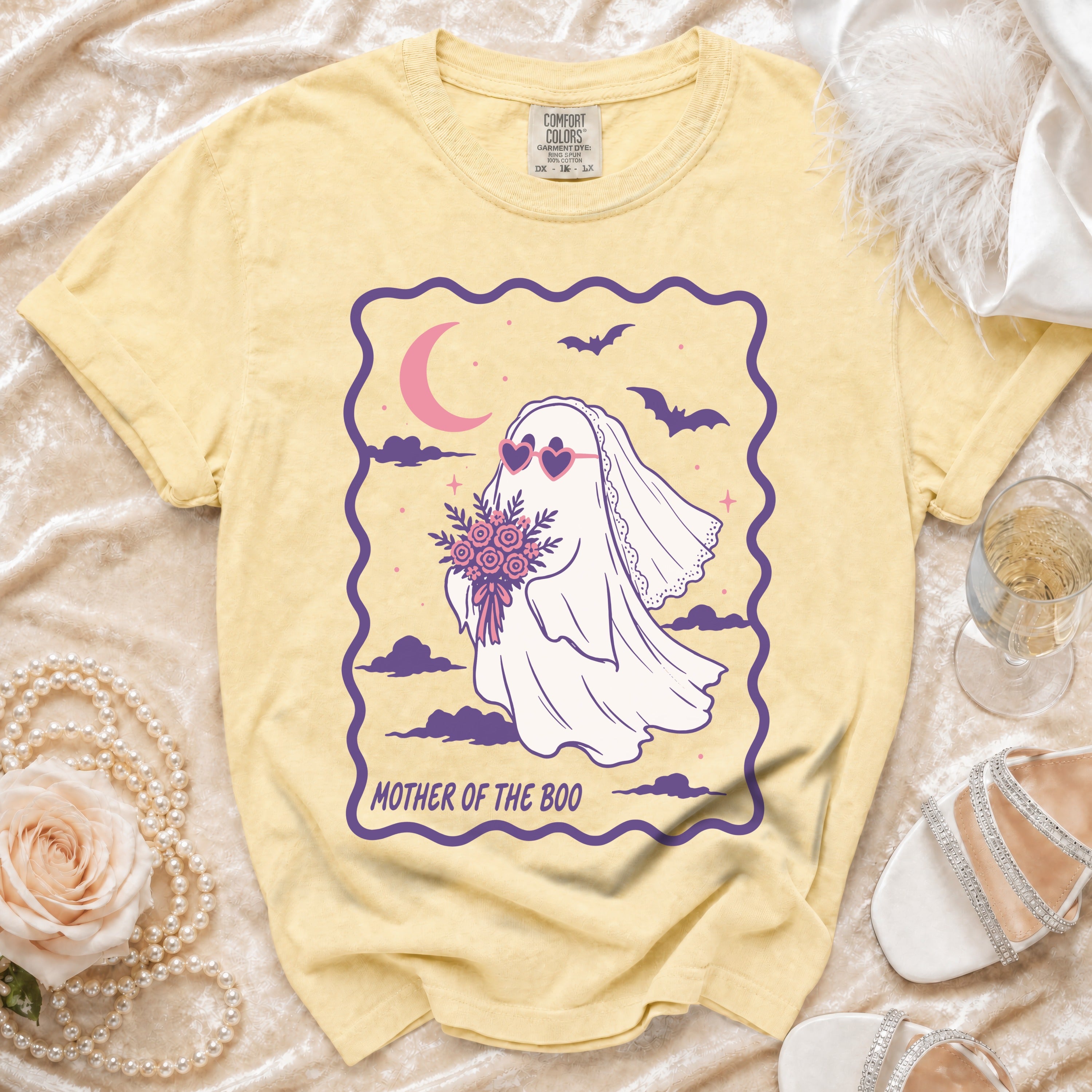 Yellow t-shirt with a ghost bride design and "MOTHER OF THE BOO" text.