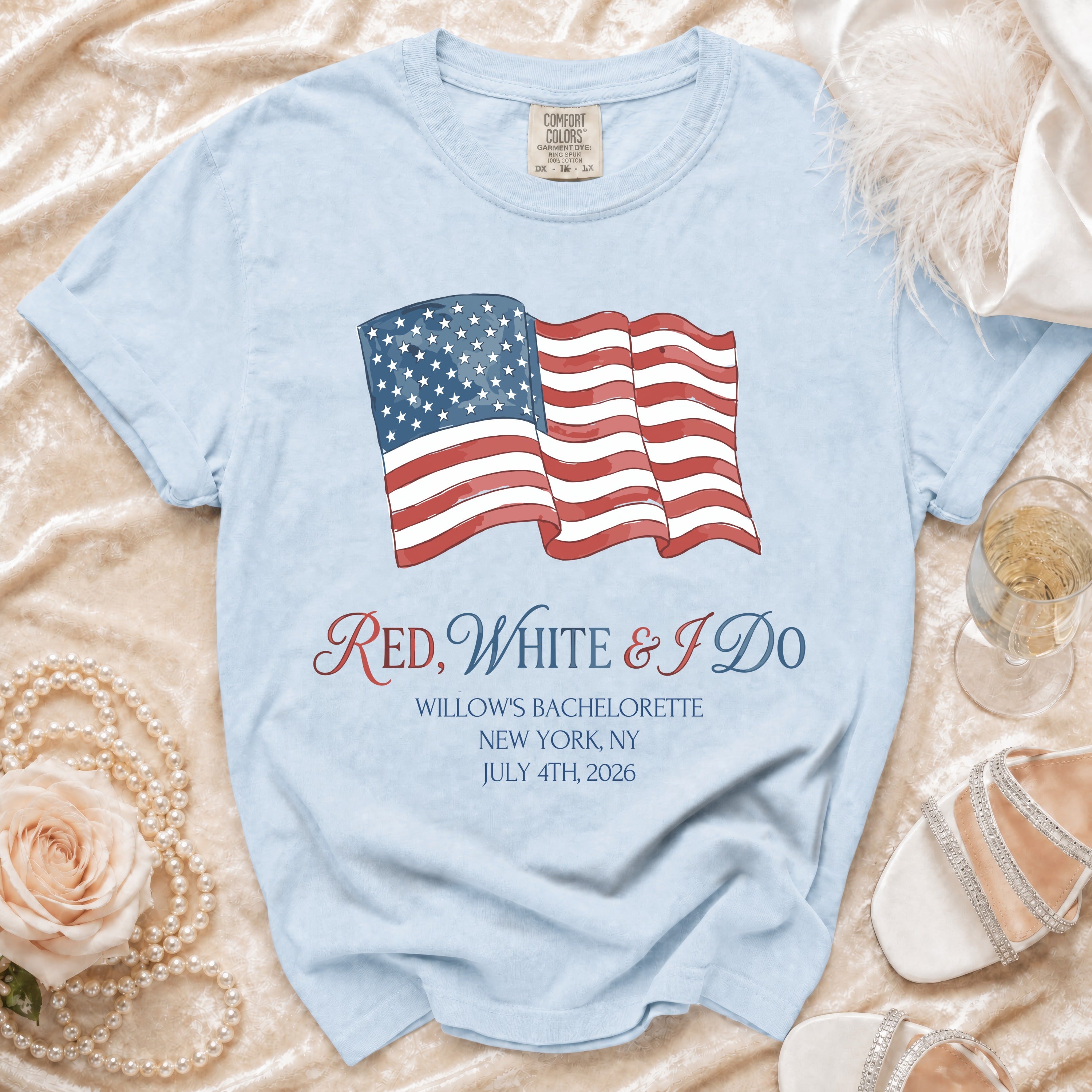 Light blue t-shirt with American flag and "Red, White & I Do" text.