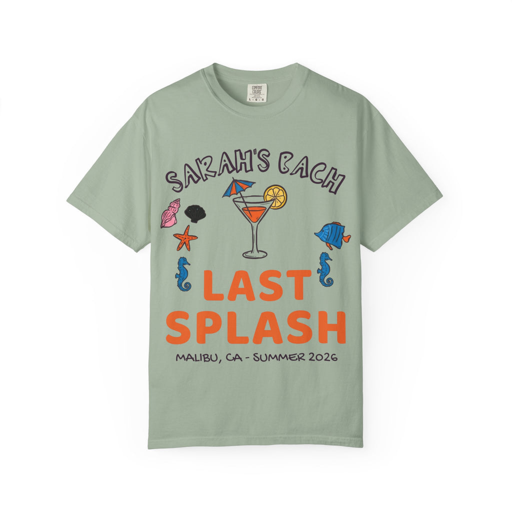 "Sarah's Bach Last Splash" text on a light green t-shirt with beach icons.