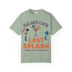 "Sarah's Bach Last Splash" text on a light green t-shirt with beach icons.