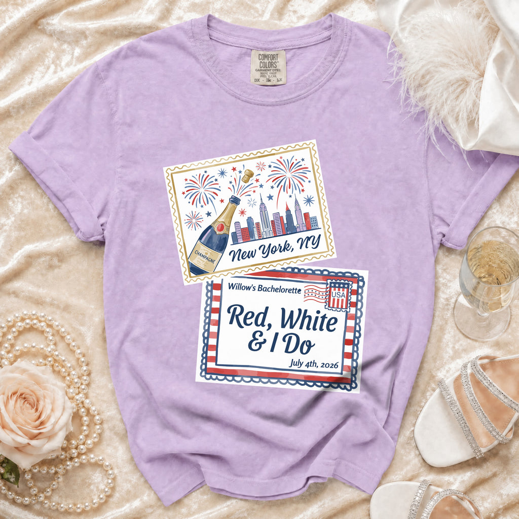 Lavender t-shirt with New York bachelorette graphic featuring fireworks and champagne.