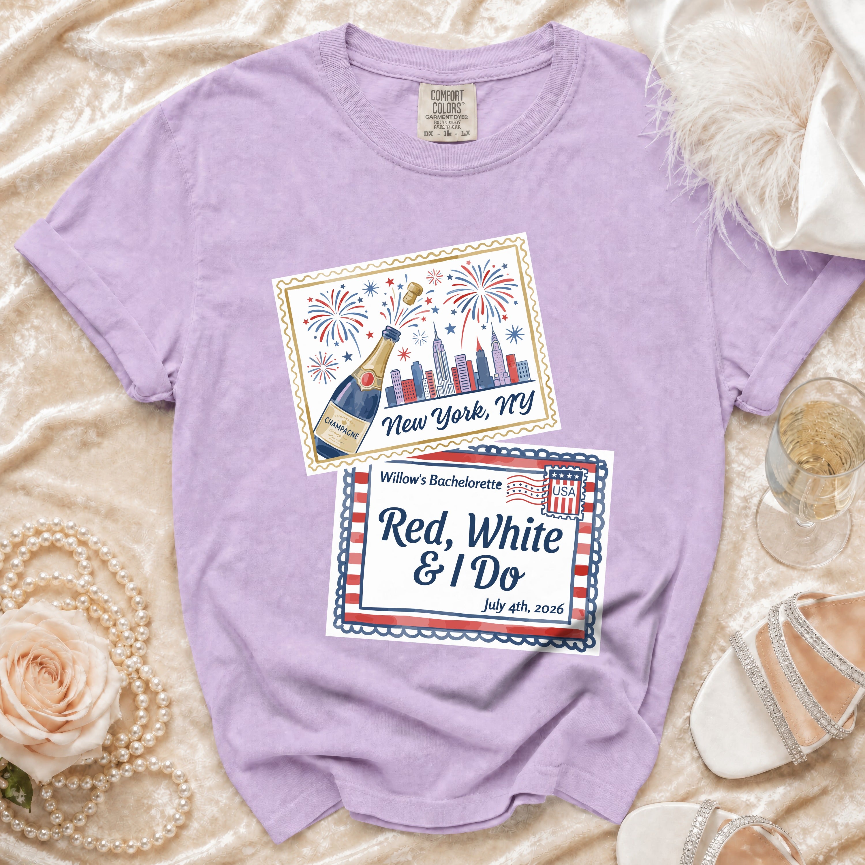 Lavender t-shirt with New York bachelorette graphic featuring fireworks and champagne.