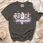 Dark gray t-shirt with "BRIDE TO BOO-TIFUL" and ghost graphic.