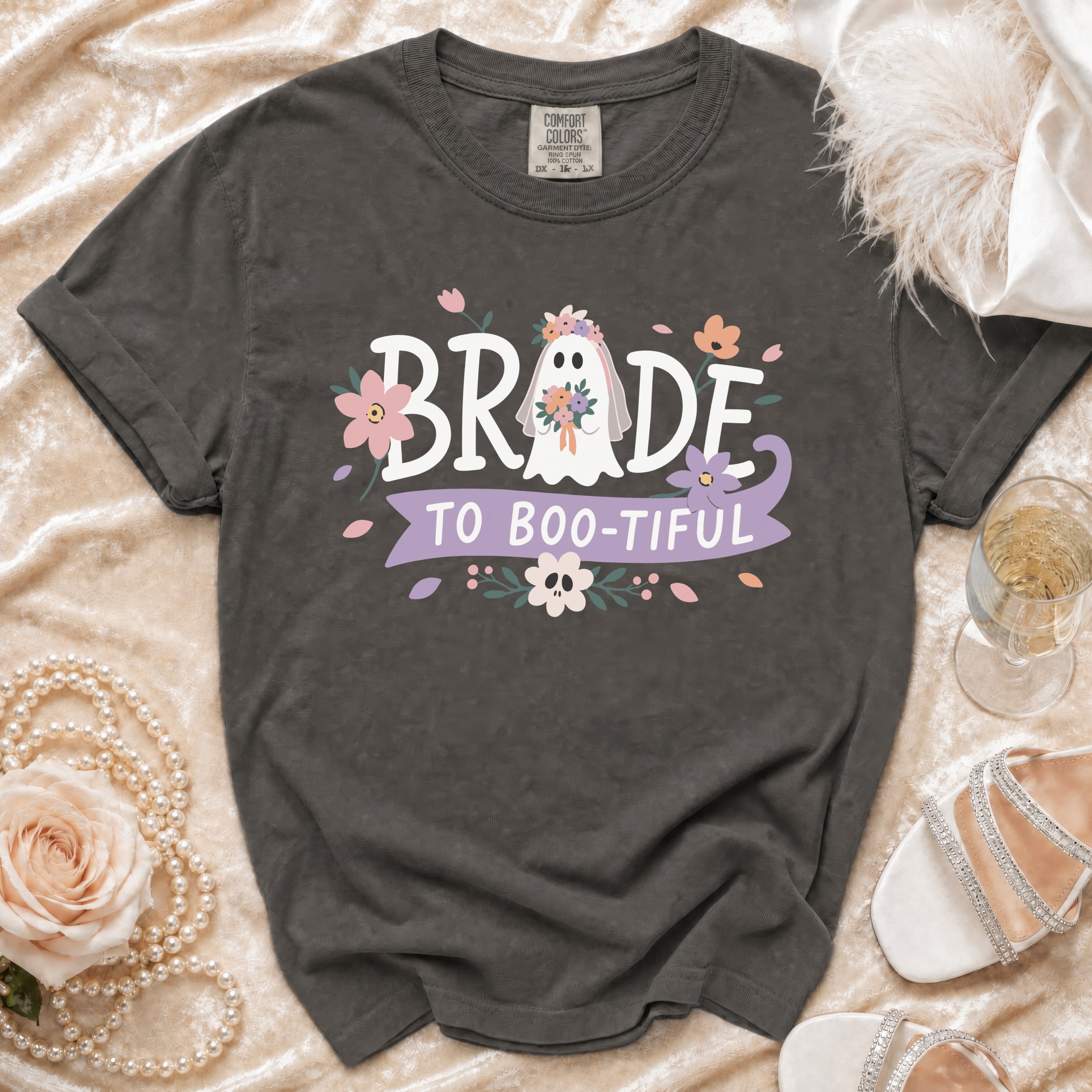Dark gray t-shirt with "BRIDE TO BOO-TIFUL" and ghost graphic.
