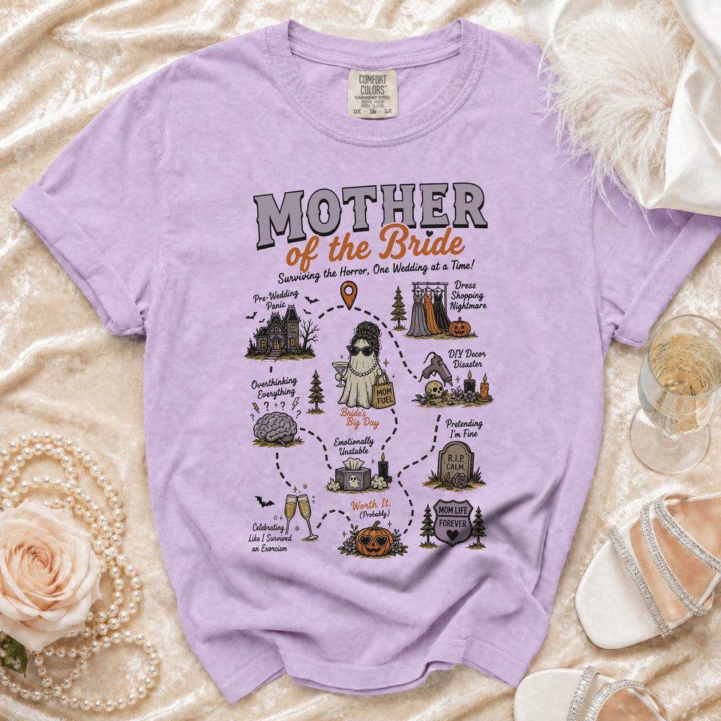 Purple t-shirt with "Mother of the Bride" graphic detailing wedding chaos and survival.