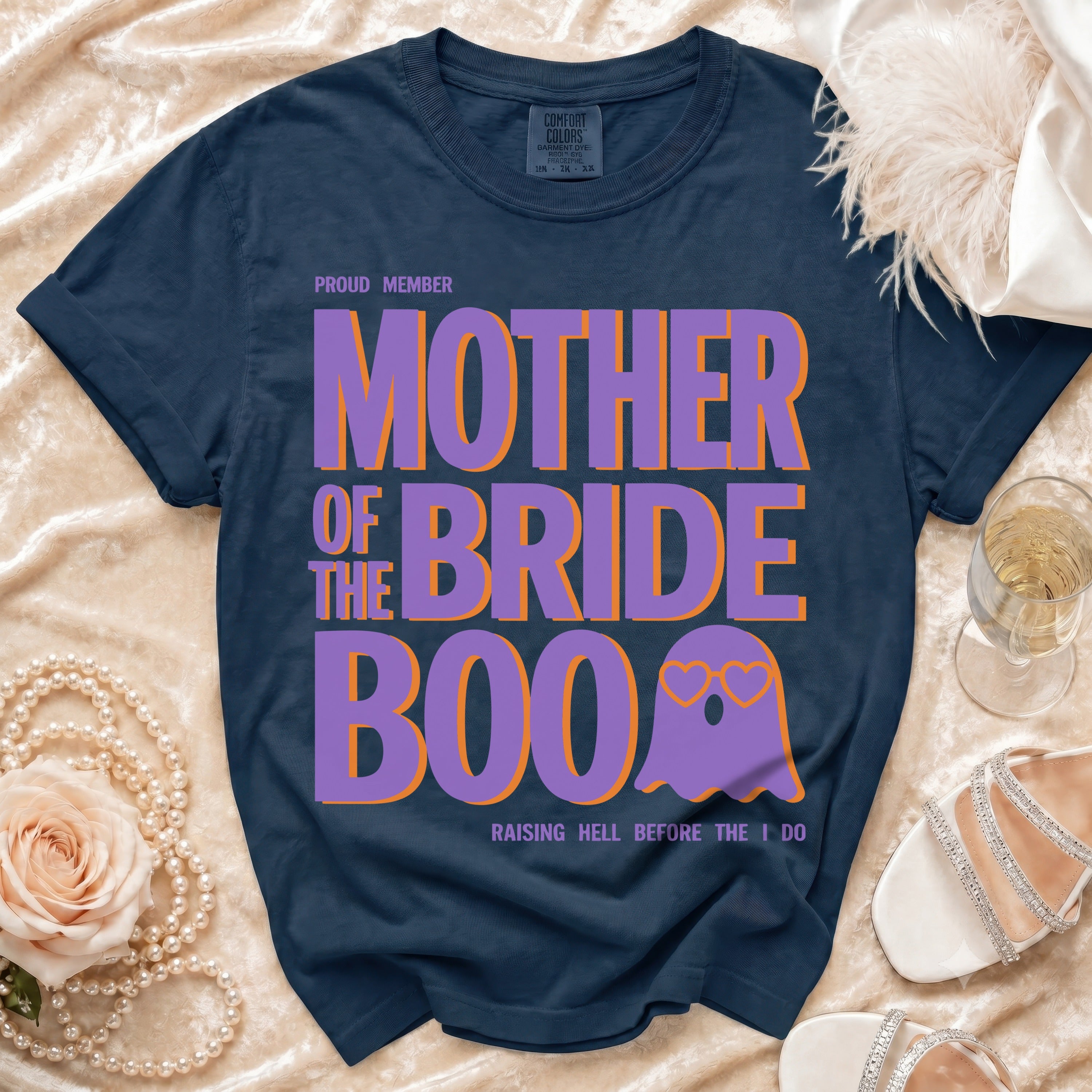 Navy t-shirt with "Proud Member Mother of the Bride Boo" ghost graphic.