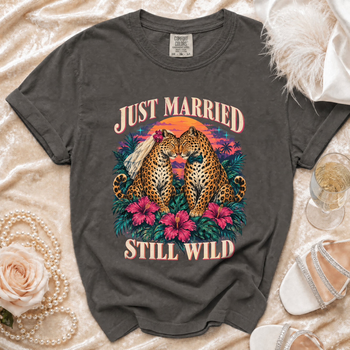 Dark grey t-shirt with "Just Married Still Wild" graphic featuring two leopards.