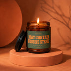 Candle with label "May Contain Wedding Stress" and "Vowed" text.
