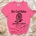 Pink t-shirt with "Her Last Rodeo" and "Jennifer's Bach" in cowboy boot graphic.