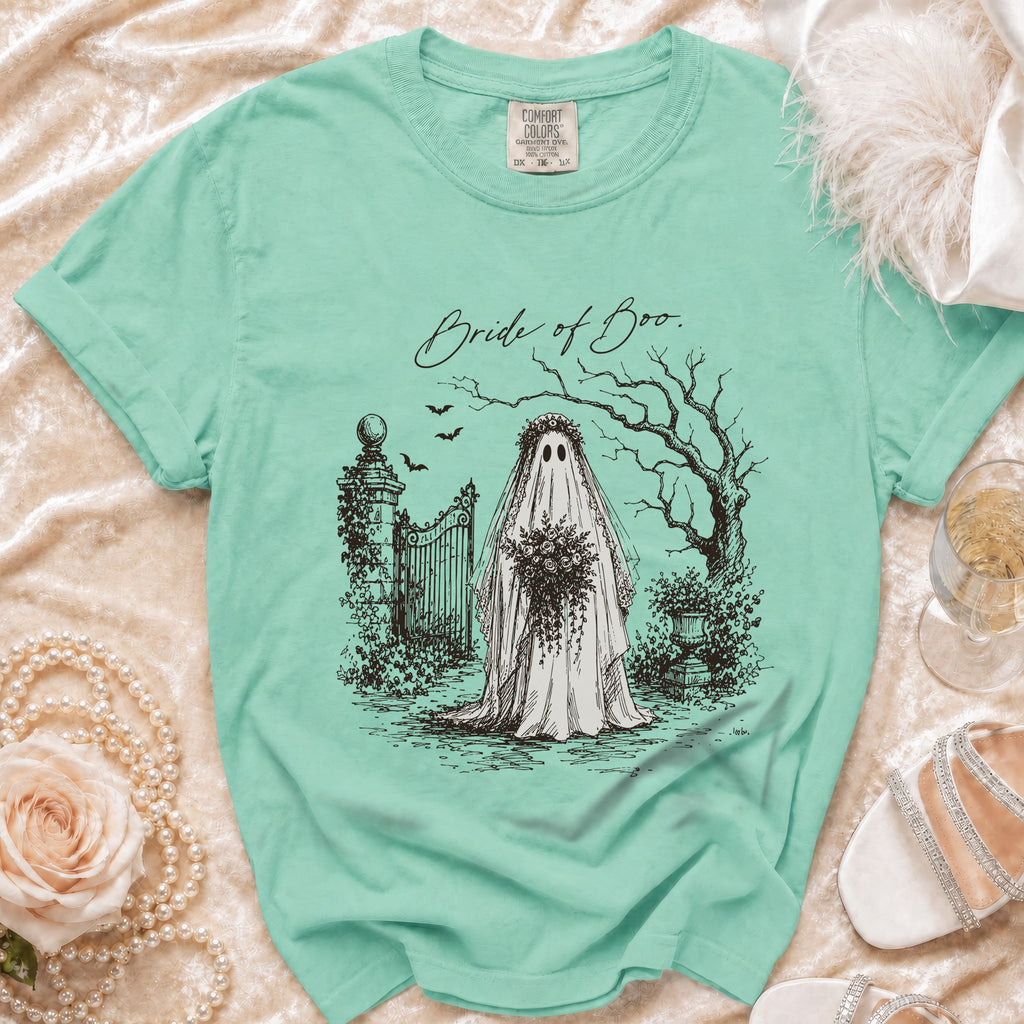 Mint green t-shirt with "Bride of Boo" text and a ghost bride graphic.