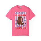 Pink t-shirt with "Jennifer's Bach HER LAST RODEO Nashville, TN SUMMER 2026" and cowboy boot.