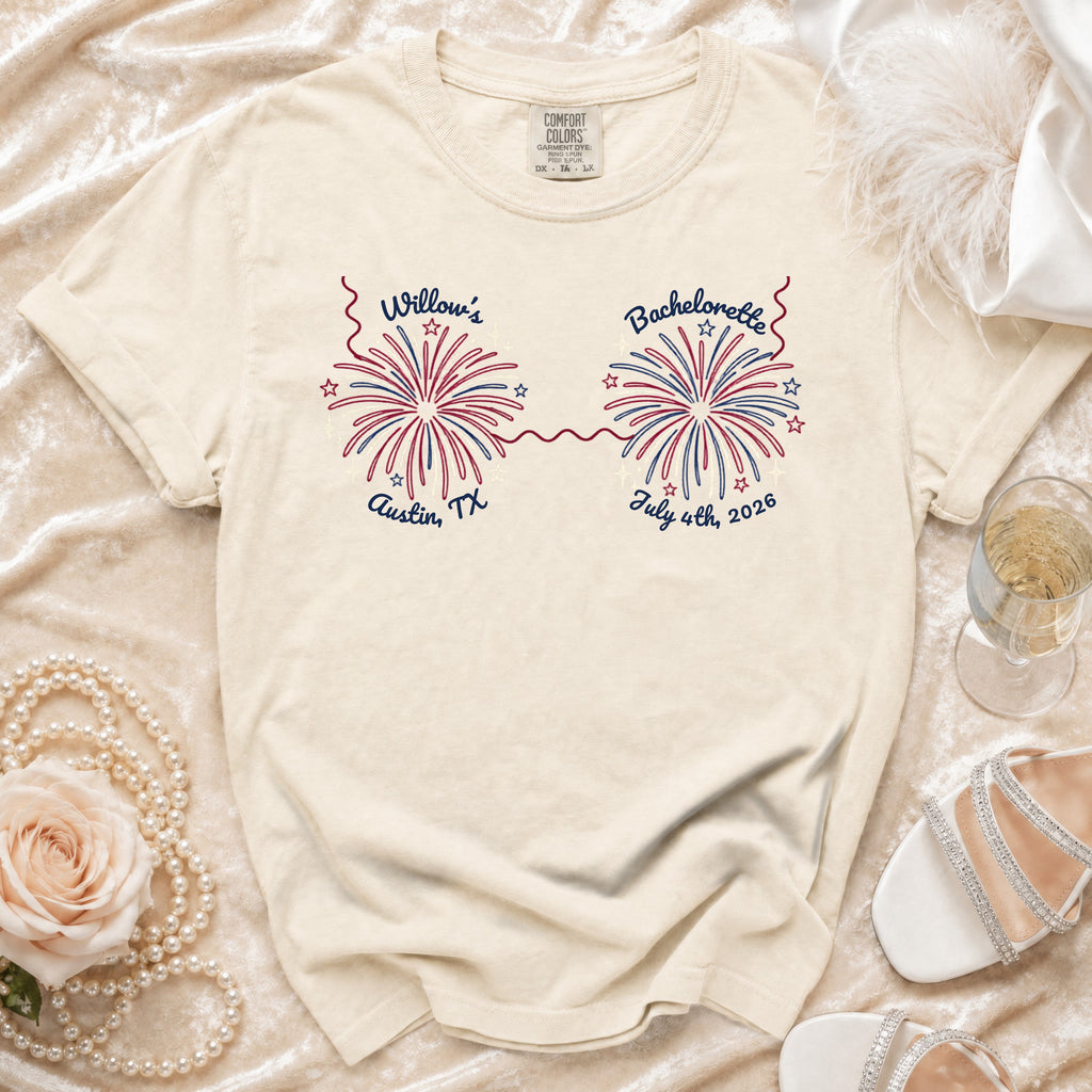 Cream t-shirt with "Willow's Bachelorette Austin, TX July 4th, 2026" text.