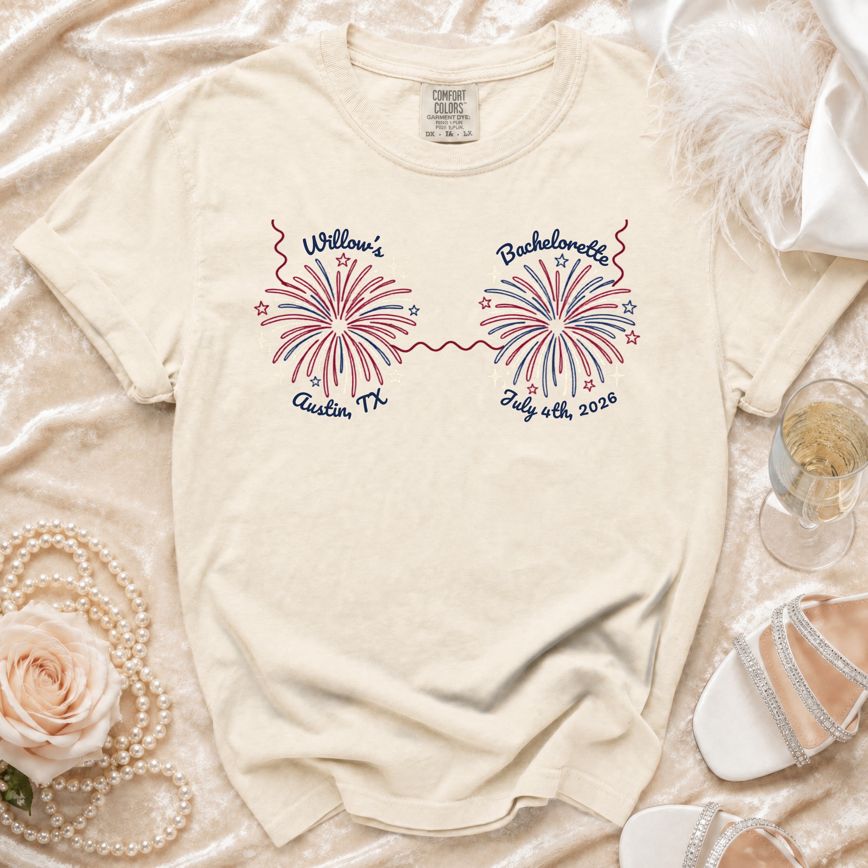 Cream t-shirt with "Willow's Bachelorette Austin, TX July 4th, 2026" text.