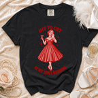 Black t-shirt with red graphic of woman crying with champagne and text "Off to Cry at My Son's Wedding".
