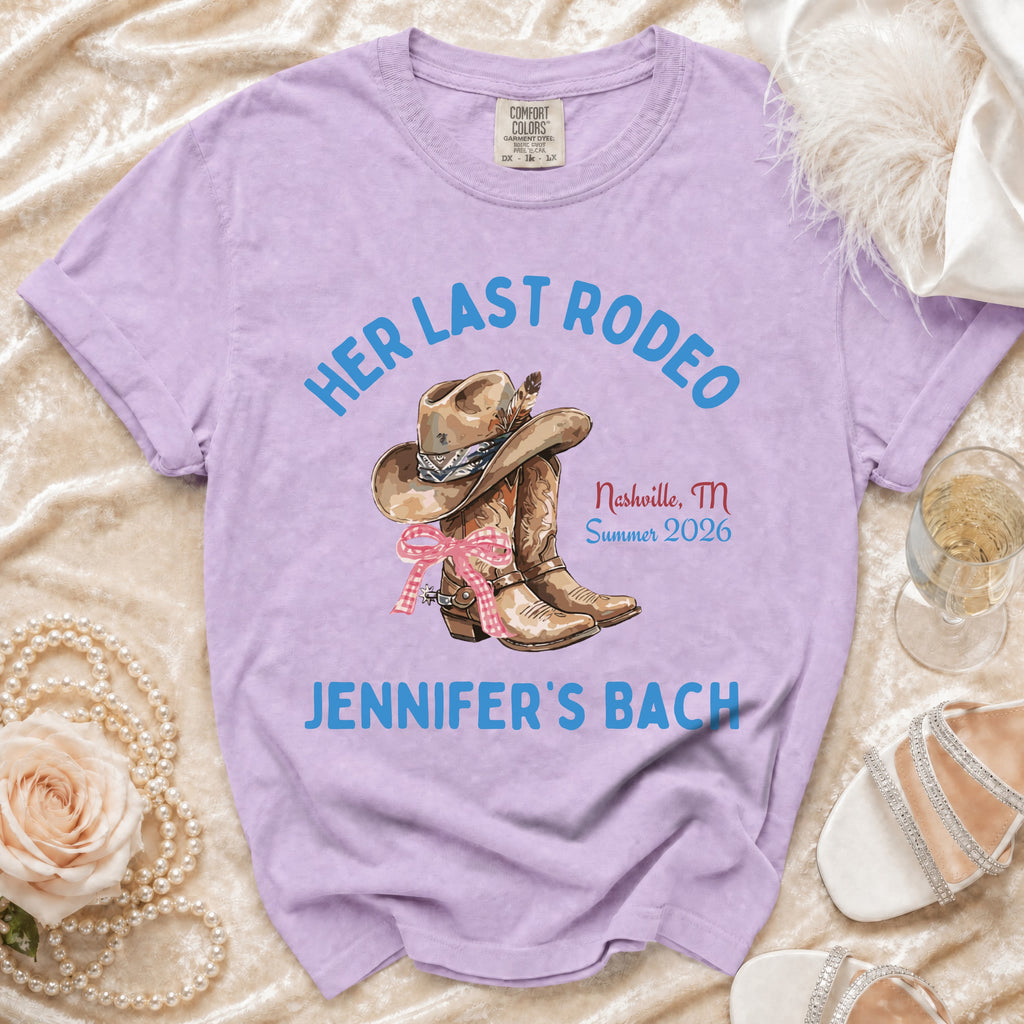 Lavender t-shirt with "Her Last Rodeo Nashville, TN Summer 2026 Jennifer's Bach" and cowboy hat graphics.
