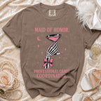 Maid of Honor, Professional Chaos Coordinator graphic tee with skeleton hand holding champagne.