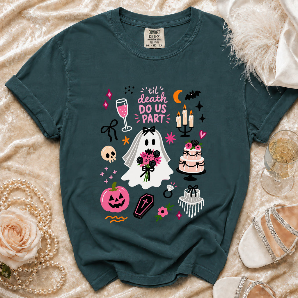 Teal t-shirt with ghost bride and Halloween wedding icons, reads "til death do us part."
