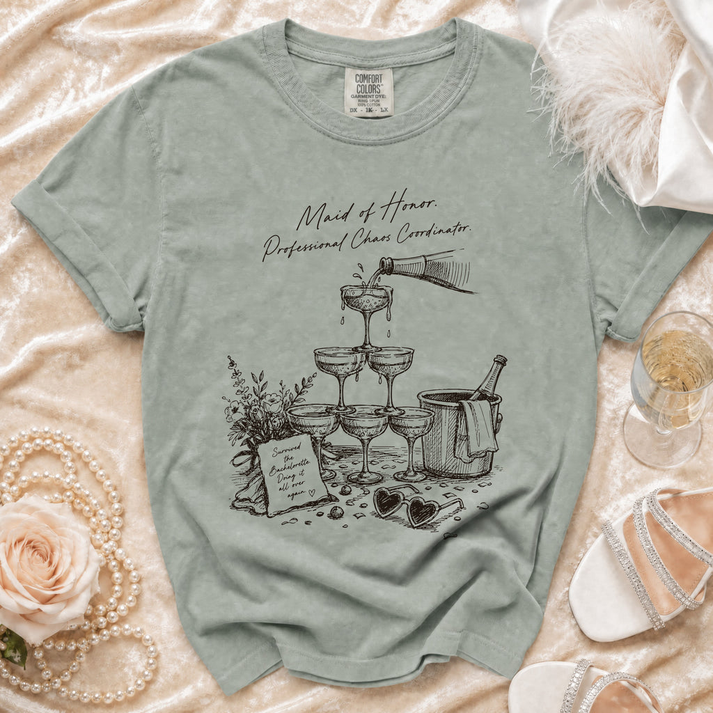 Maid of Honor, Professional Chaos Coordinator t-shirt with champagne tower illustration.