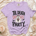 Purple t-shirt with "Til Death Do Us Party" ghost bride graphic.