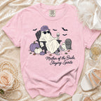 Pink t-shirt with ghost wearing sunglasses and "Mother of the Bride" hat, "Slaying Spirits" text.