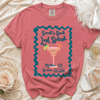 Pink t-shirt with "Sarah's Bach Last Splash Malibu CA Summer 2026" and cocktail graphic.