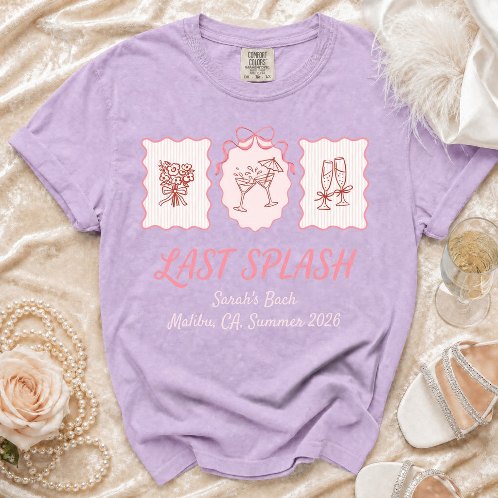 Purple t-shirt with "Last Splash Sarah's Bach Malibu, CA Summer 2026" text.