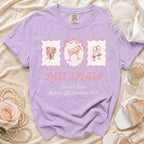 Purple t-shirt with "Last Splash Sarah's Bach Malibu, CA Summer 2026" text.