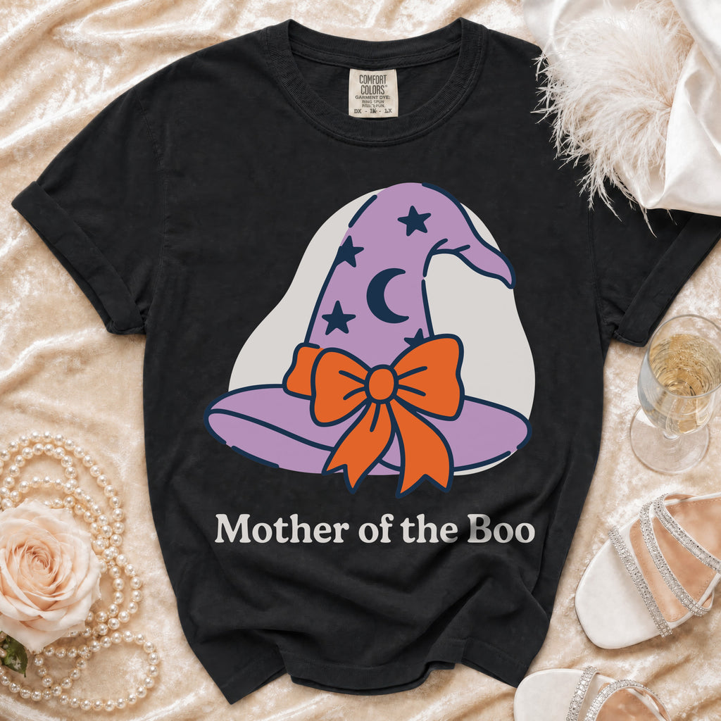 Black t-shirt with purple witch hat graphic and "Mother of the Boo" text.