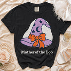 Black t-shirt with purple witch hat graphic and "Mother of the Boo" text.