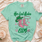Mint green t-shirt with "Her Last Rodeo" design for a bachelorette.