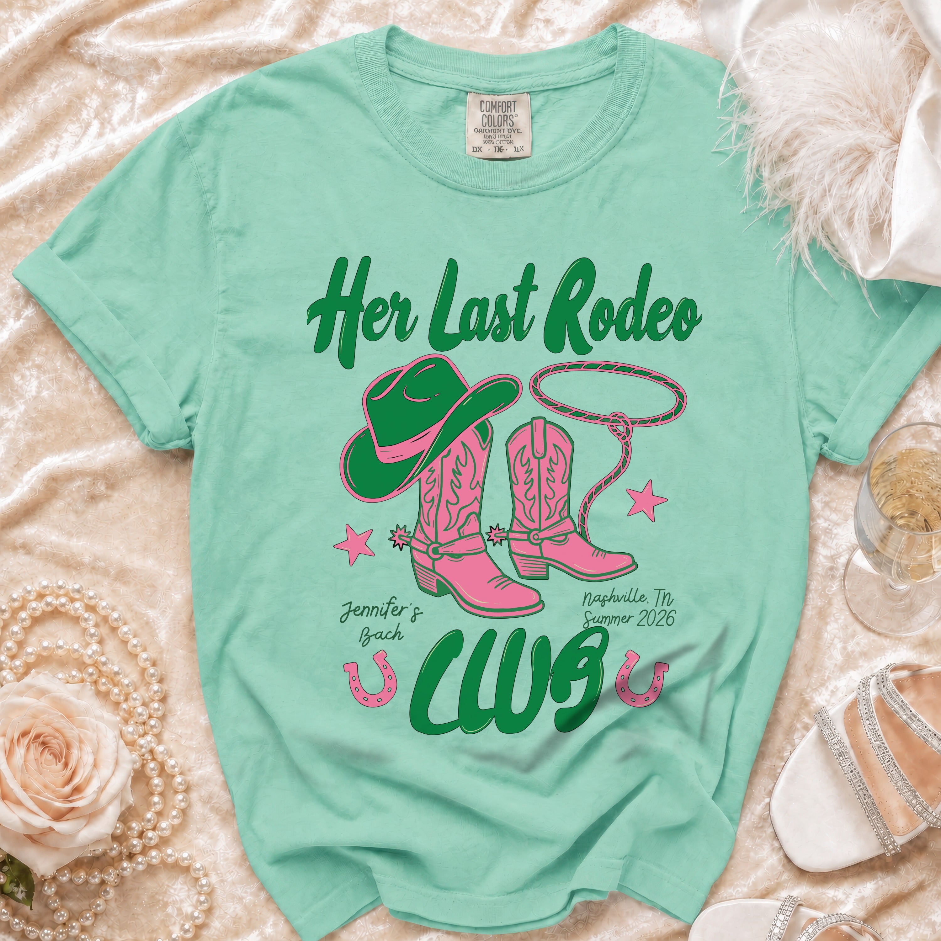 Mint green t-shirt with "Her Last Rodeo" design for a bachelorette.