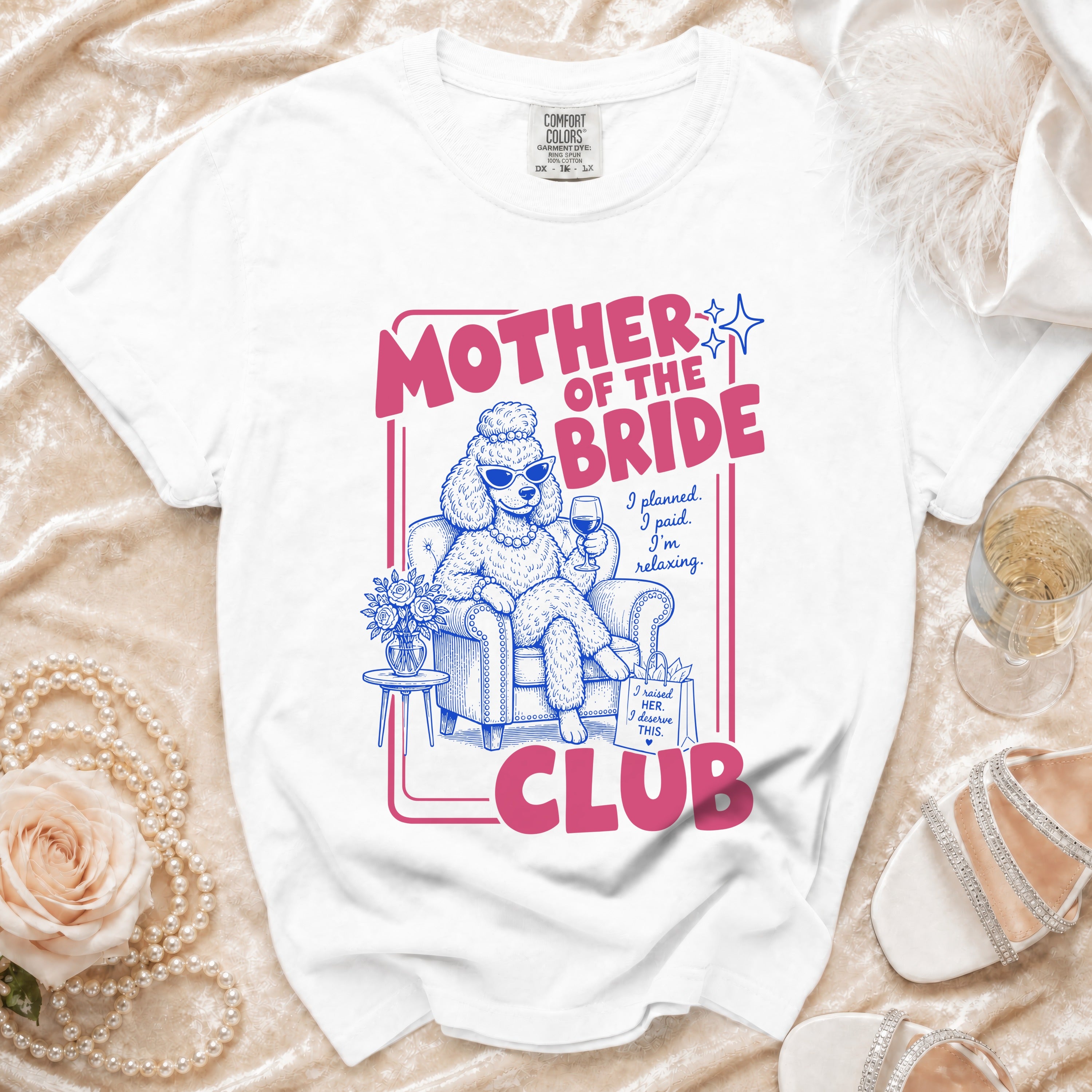White t-shirt with "Mother of the Bride Club" graphic featuring a poodle.
