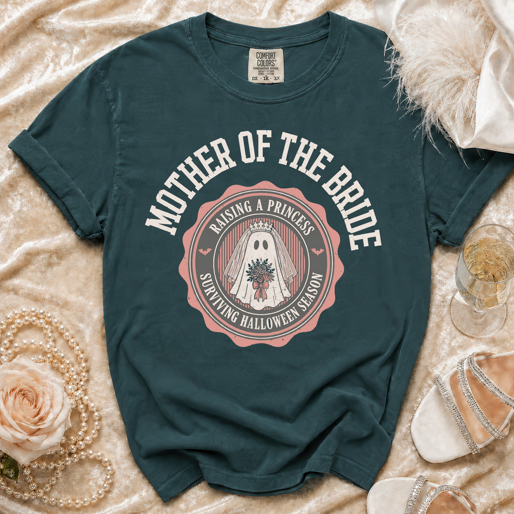 Teal t-shirt with "Mother of the Bride" and a ghost bride graphic.