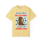Yellow t-shirt graphic: "Jennifer's Bach Her Last Rodeo Nashville, TN Summer 2026".