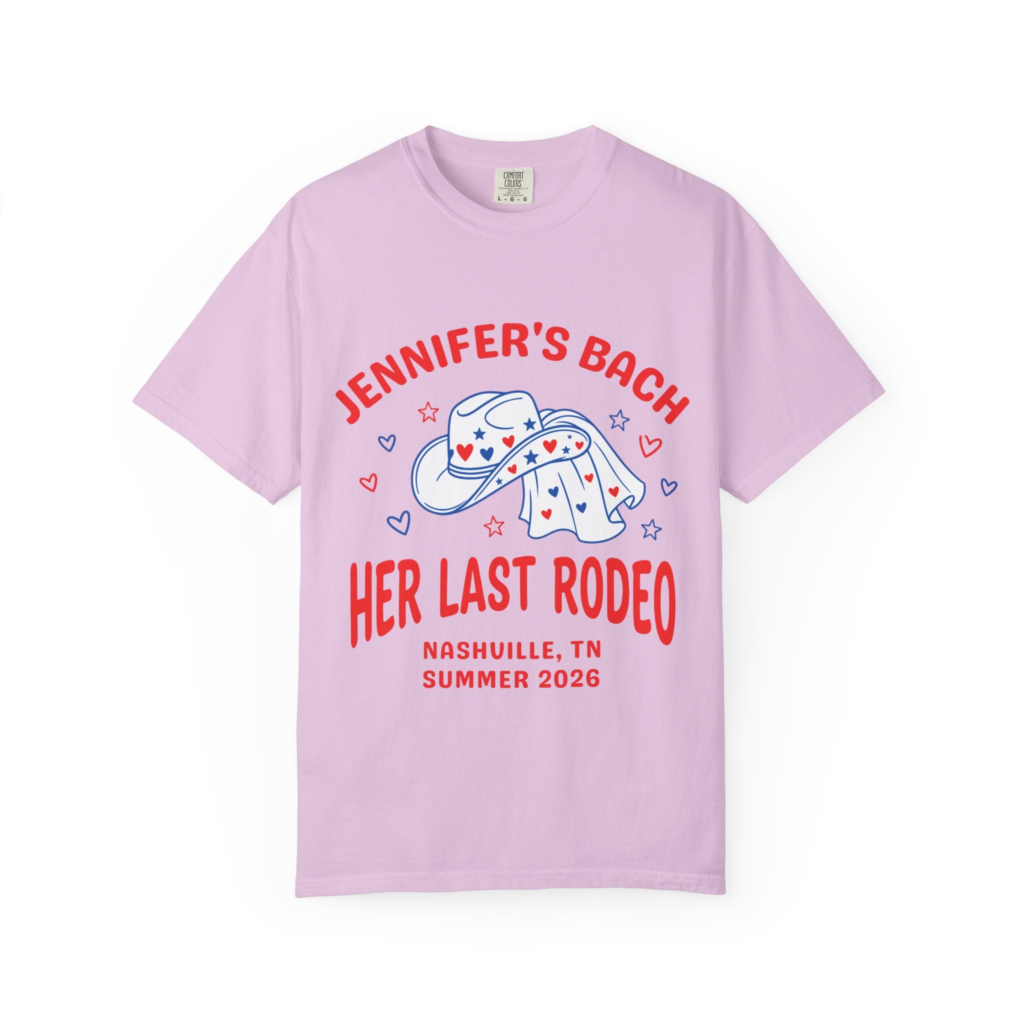 Pink t-shirt with "Jennifer's Bach Her Last Rodeo" and Nashville details.