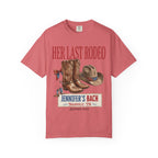 "Her Last Rodeo" t-shirt with cowboy boots, hat, and "Jennifer's Bach Nashville, IN Summer 2026".