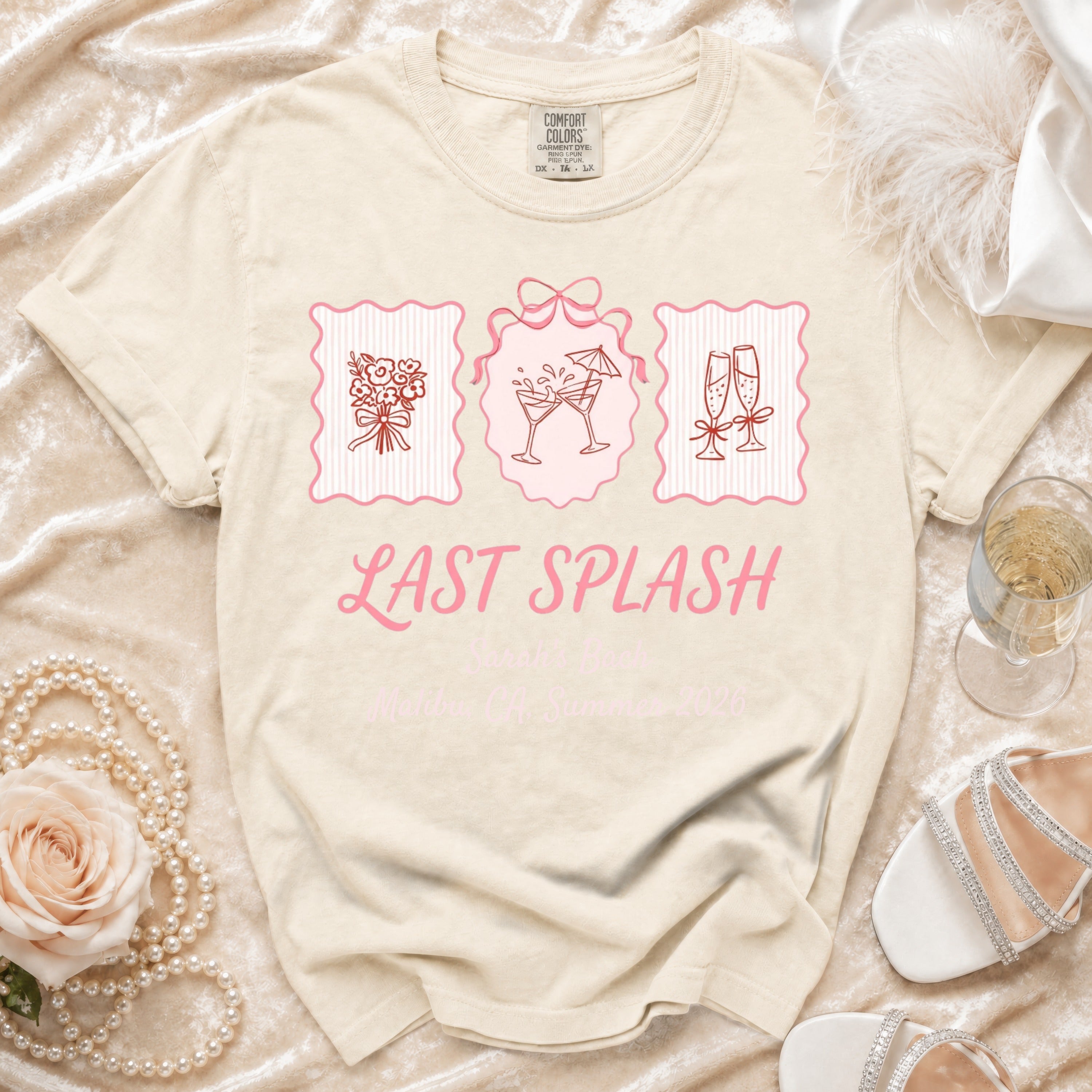 "Last Splash" graphic tee with champagne glasses and cocktails, Sarah's Summer 2026.