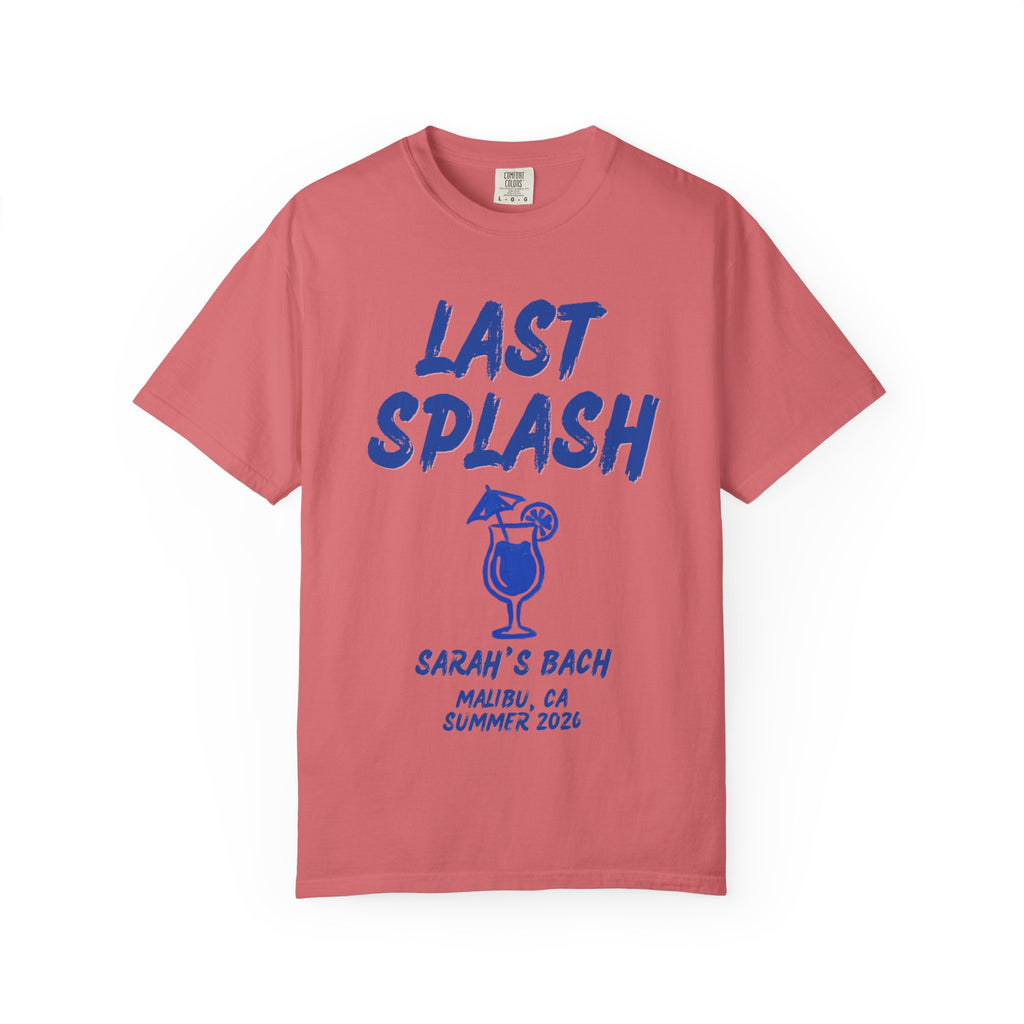 Coral t-shirt with "LAST SPLASH" and cocktail glass graphic.