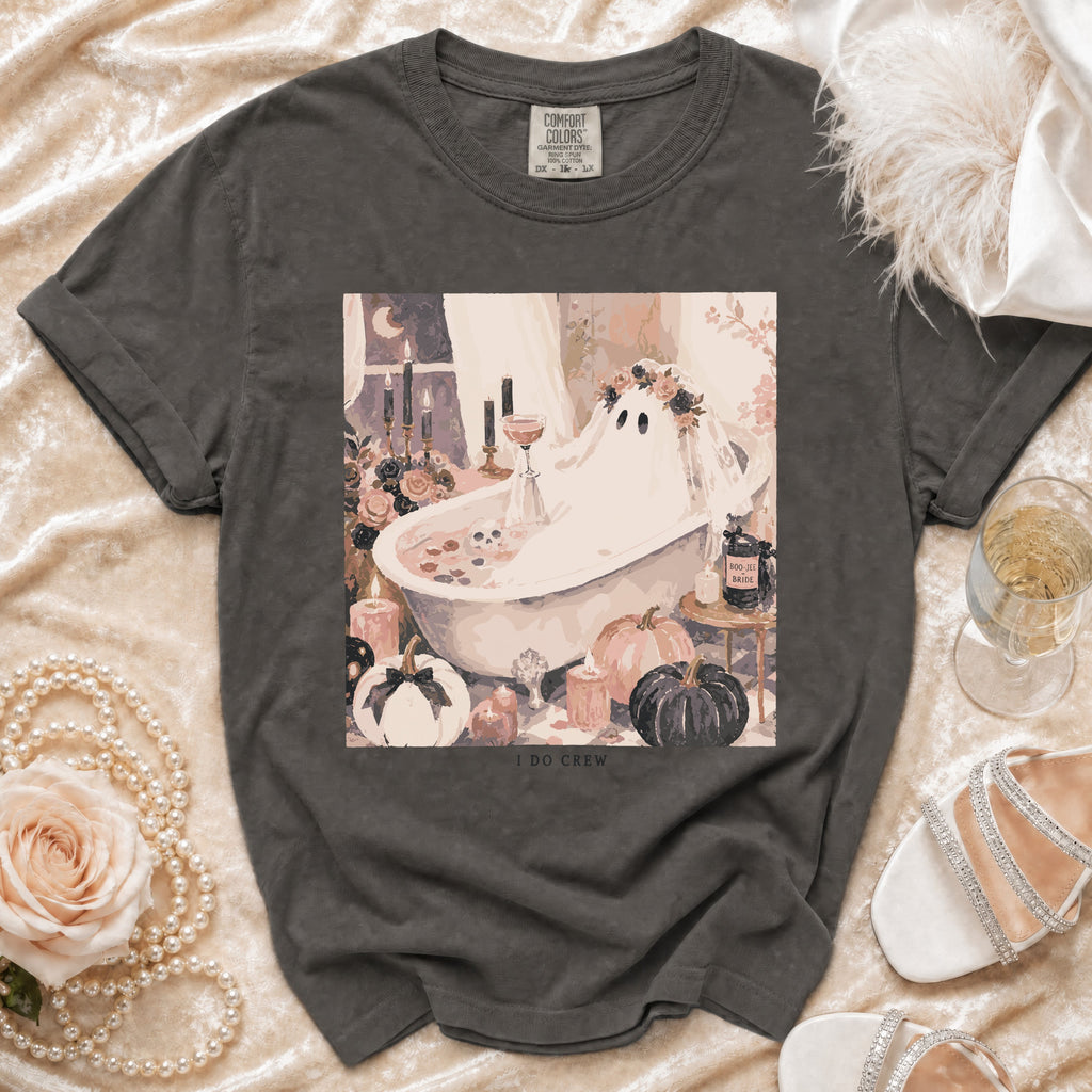Ghost in bathtub graphic t-shirt with "I DO CREW" text below.