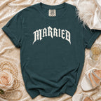 Teal t-shirt with "MARRIED" in white gothic font, Comfort Colors tag.