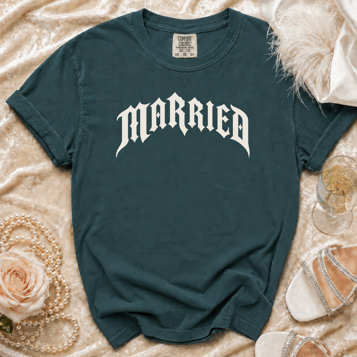 Teal t-shirt with "MARRIED" in white gothic font, Comfort Colors tag.