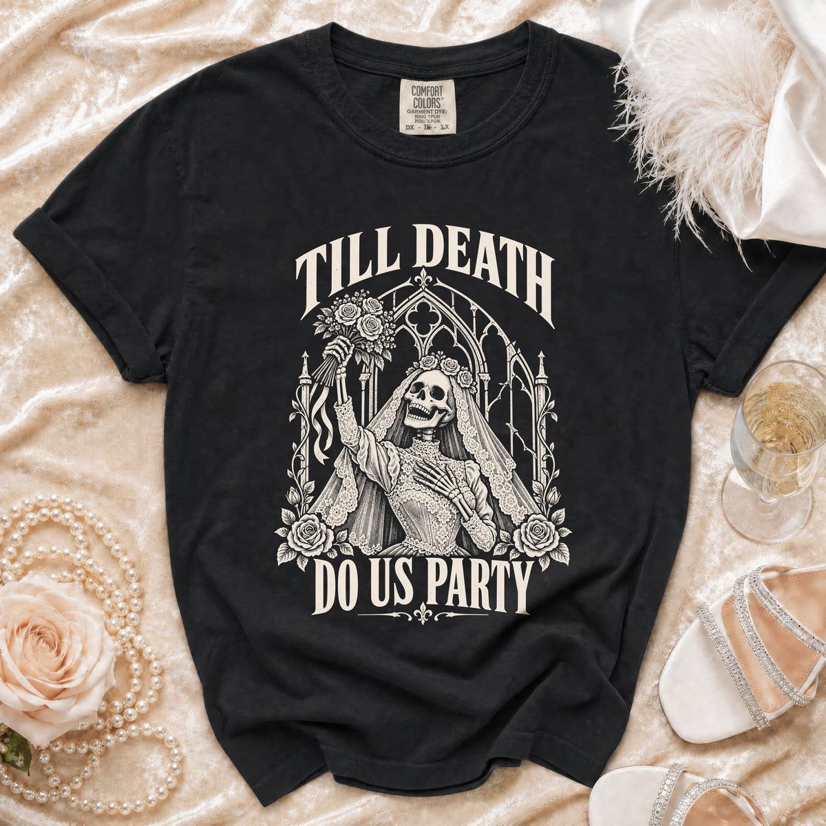 Black t-shirt with skeleton bride graphic and text "Till Death Do Us Party".