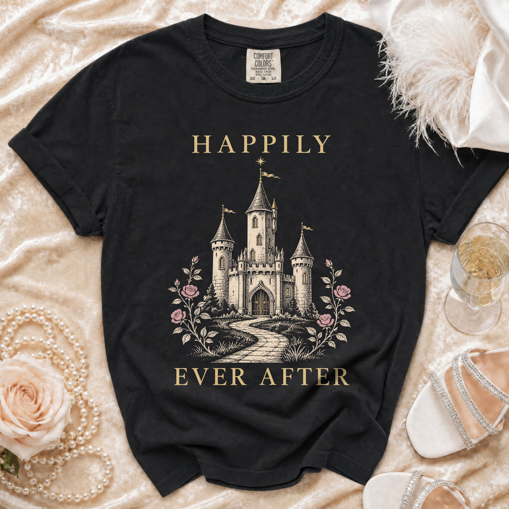 Black t-shirt with a castle graphic and text "Happily Ever After".