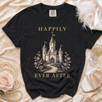 Black t-shirt with a castle graphic and text "Happily Ever After".