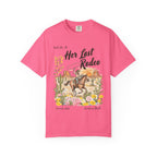 Pink t-shirt with "Her Last Rodeo" graphic featuring a cowboy on horseback.